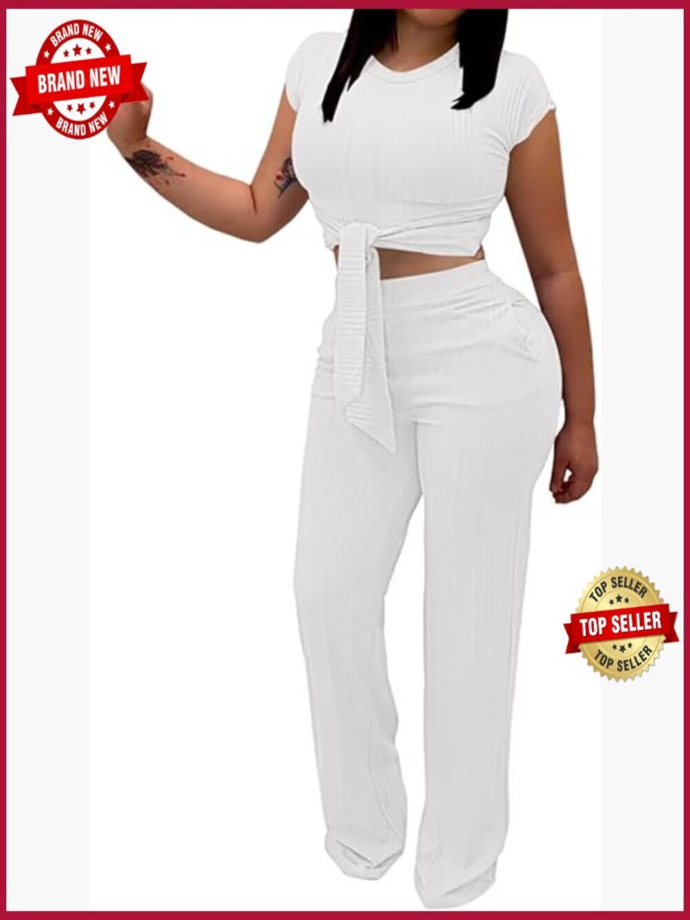 2 Piece Outfits Sexy Tie Front Crop Top Wide Leg Pants Sets Summer Casual